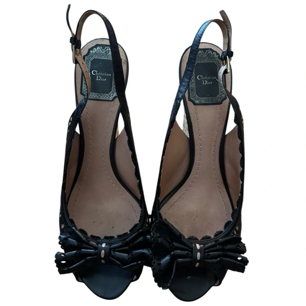 VTG Dior Black and Cream Leather Wedge Sandals w Slingback and Cute Bow Design - Picture 2 of 7